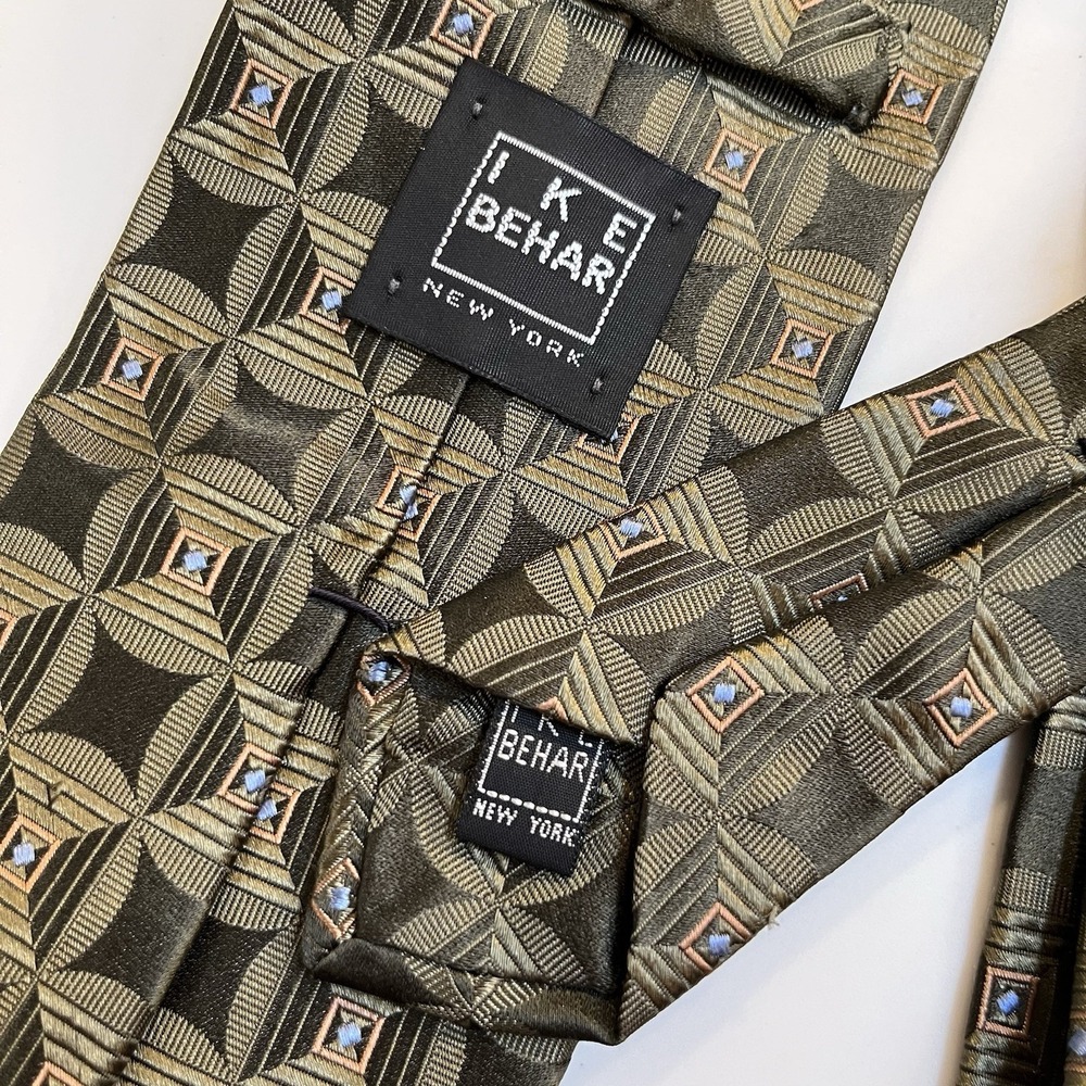 Ike Behar Luxury Silk Tie Green Blue Geometric Gold USA Standard 57" X 3.5"‎